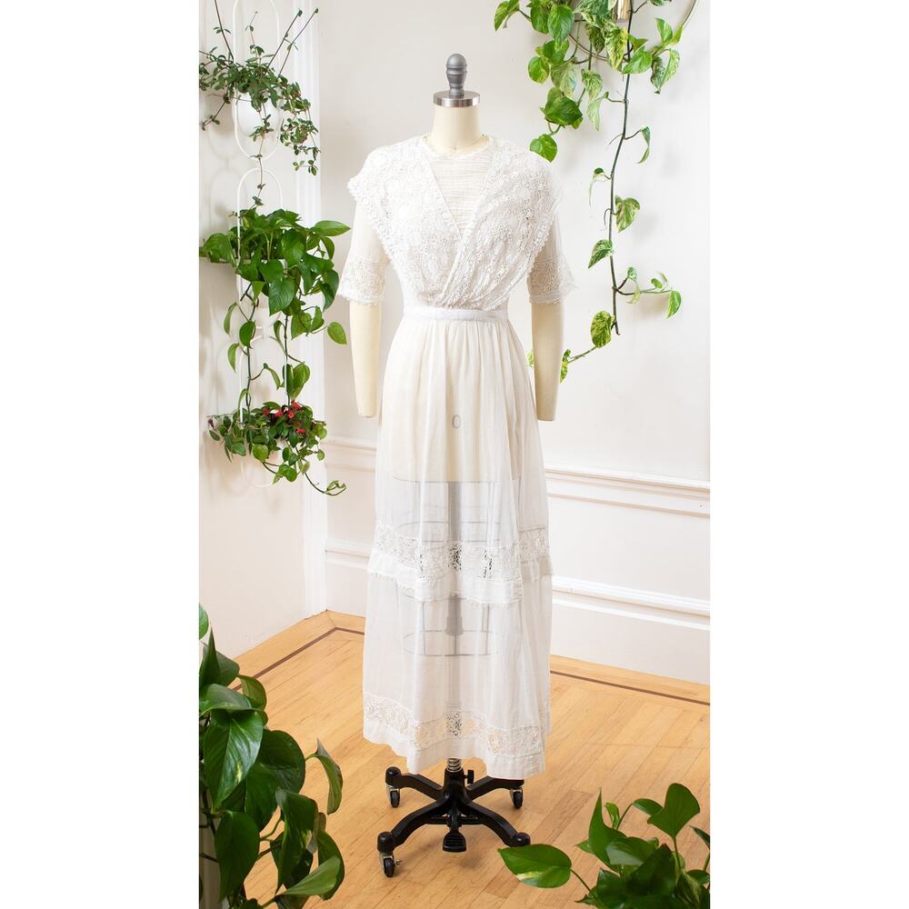 Antique Edwardian 1910s White Cotton Lace Dress Tea Lawn Vintage Wedding Gown - Picture 2 of 8